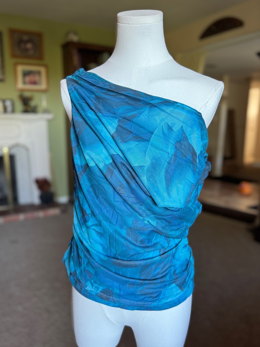 PRETTYGARDEN Women XL Blue Green Floral Mesh Off Shoulder Ruched Y2K Top NEW